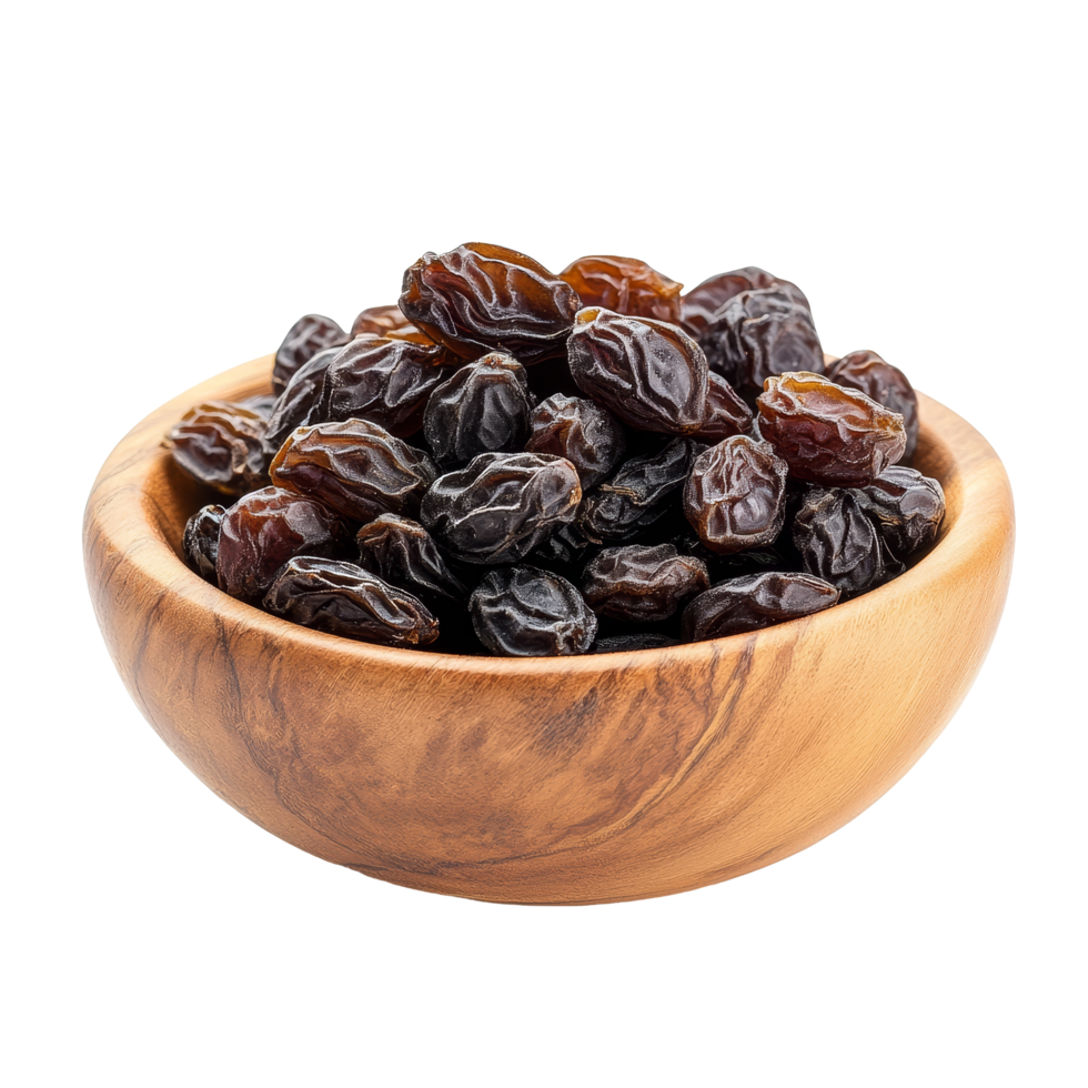 A closeup of raisins in a wooden bowl isolated against a transparent background highlighting their texture and color, raisin on wood bowl isolated on transparent background png