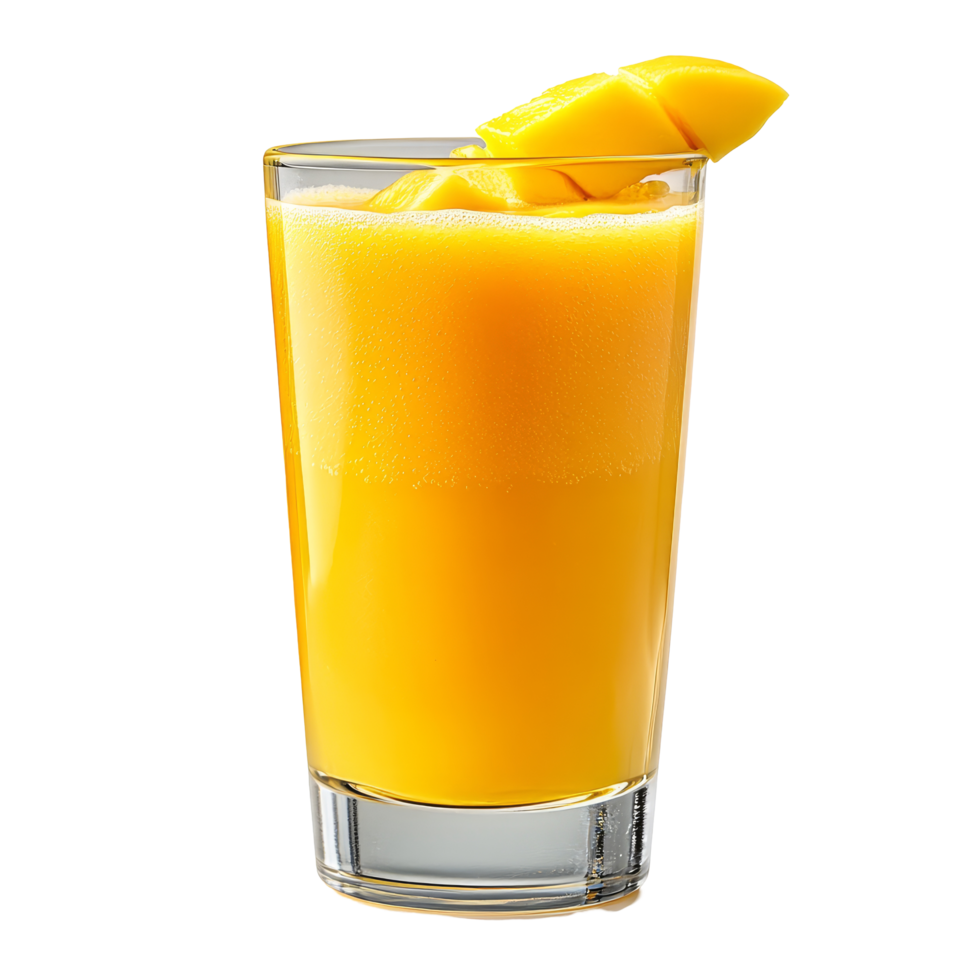 Refreshing mango juice served in a clear glass garnished with fresh mango slices on a transparent background, mango juice in a glass on transparent background png