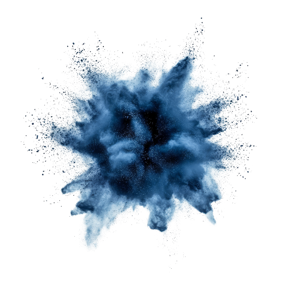 Navy blue powder explosion isolated on a transparent background during artistic creation process, navy blue color powder pulver explosion isolated on transparent background png