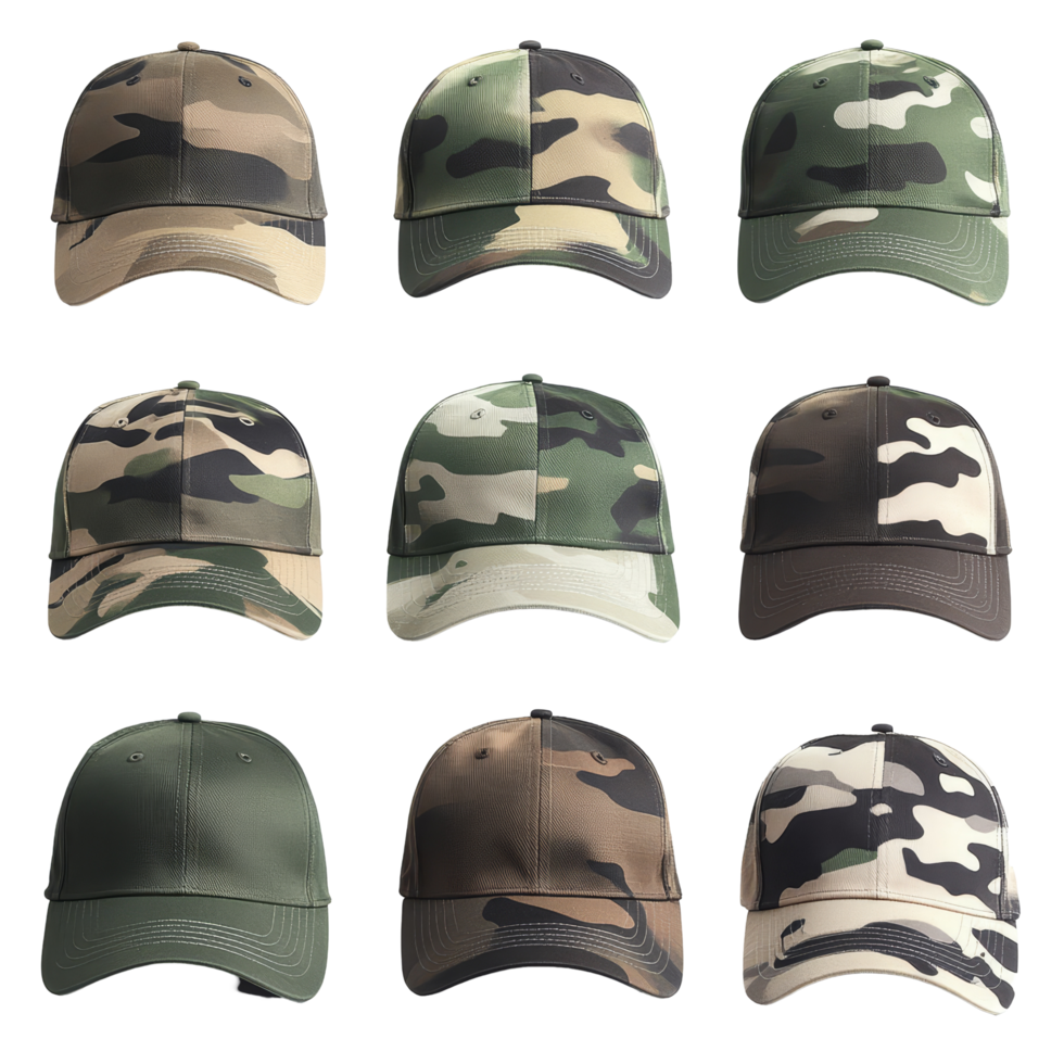 A collection of military camouflage baseball caps in various patterns against a clean, transparent background, Military Camouflage Baseball Caps on transparent background png