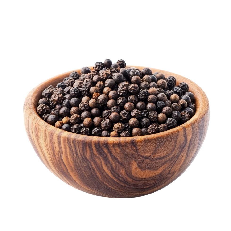 Fresh black peppercorns in a wooden bowl on a bright transparent background for culinary use, pepper corn in wood bowl isolated on transparent background png