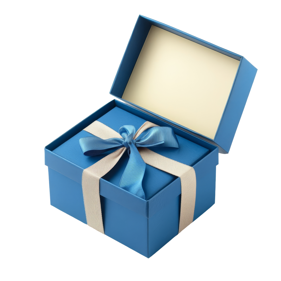 A blue open gift box with a ribbon sits elegantly on a transparent background, Blue open gift box with ribbon isolated on transparent background png