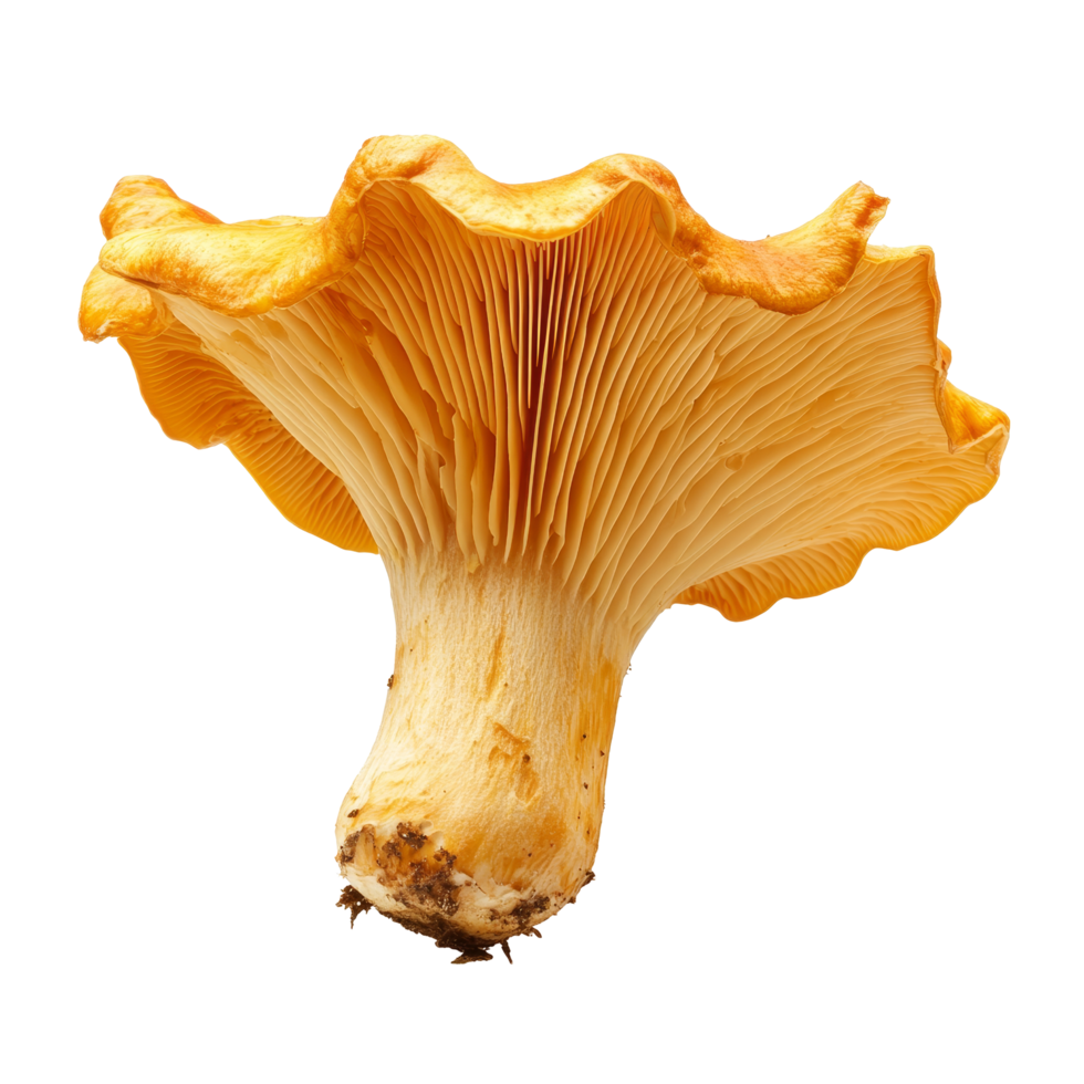 Isolated chanterelle mushroom showcasing vibrant orange color and unique shape against a clean transparent background, Chanterelle Mushroom Isolated on transparent background png