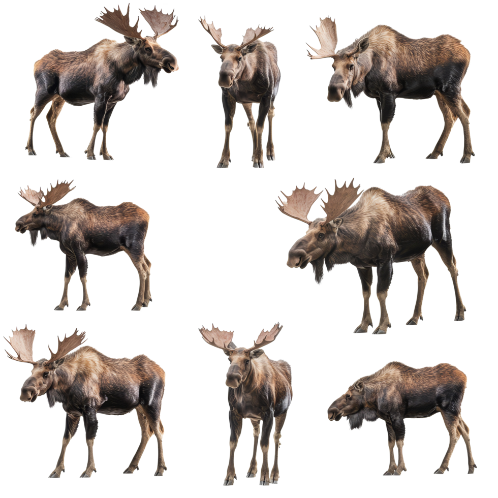 Majestic moose in various poses showcasing their magnificence in the wild during daylight, Set Majestic Moose, Wild Animals in Various Poses, Isolated on transparent background png