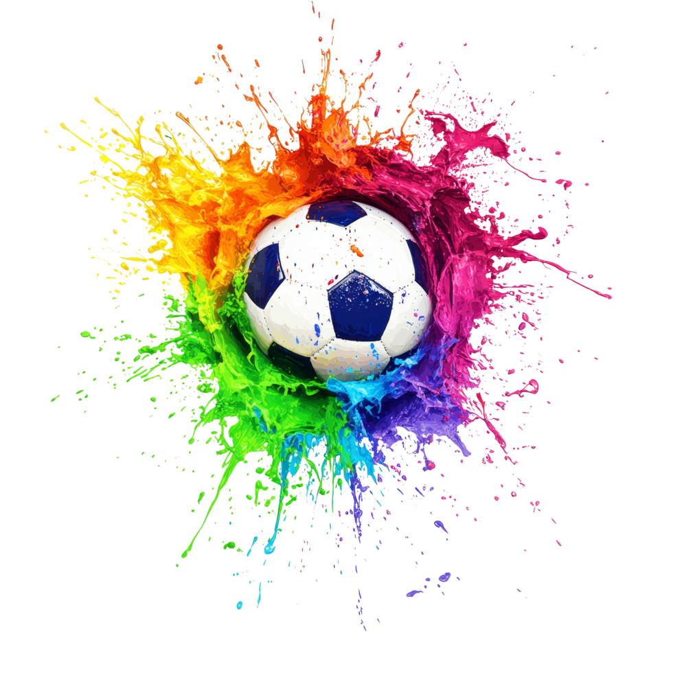 A soccer ball bursts through vibrant paint in a colorful splash during a creative art activity, soccer ball splashing into color paintisolated on transparent background png
