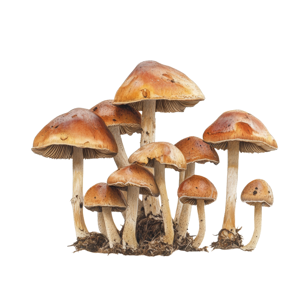 Enchanting fungi mushrooms grow together in clusters on a clean transparent background, Enchanting Fungi Mushrooms on transparent background png