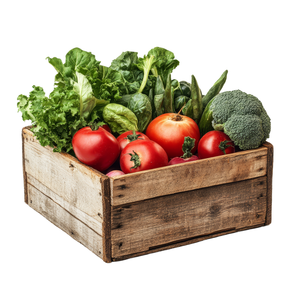 Fresh vegetables in a rustic wooden box against a clean transparent background for healthy eating inspiration, wooden box with vegetables isolated on transparent background png