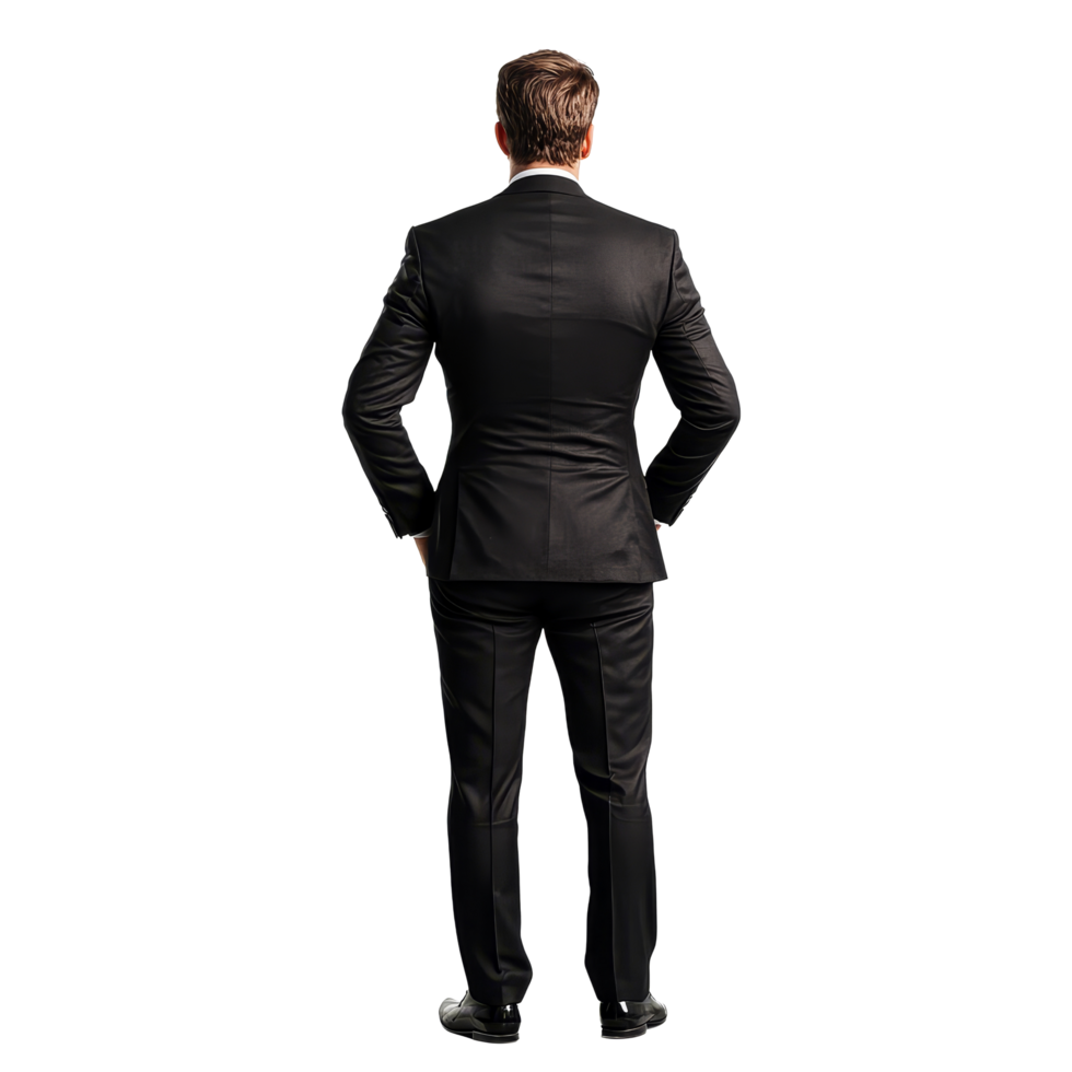A corporate businessman standing confidently with hands on hips, viewed from the back in a professional setting, Corporate businessman standing back view file no background png