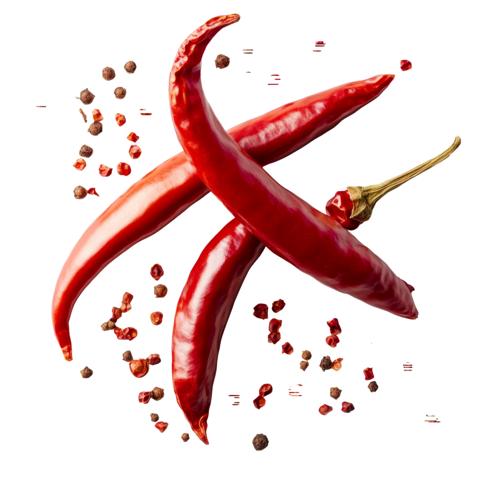 Cayenne pepper arrangement on a transparent background with scattered peppercorns and dried chili flakes, Cayenne pepper on transparent background png