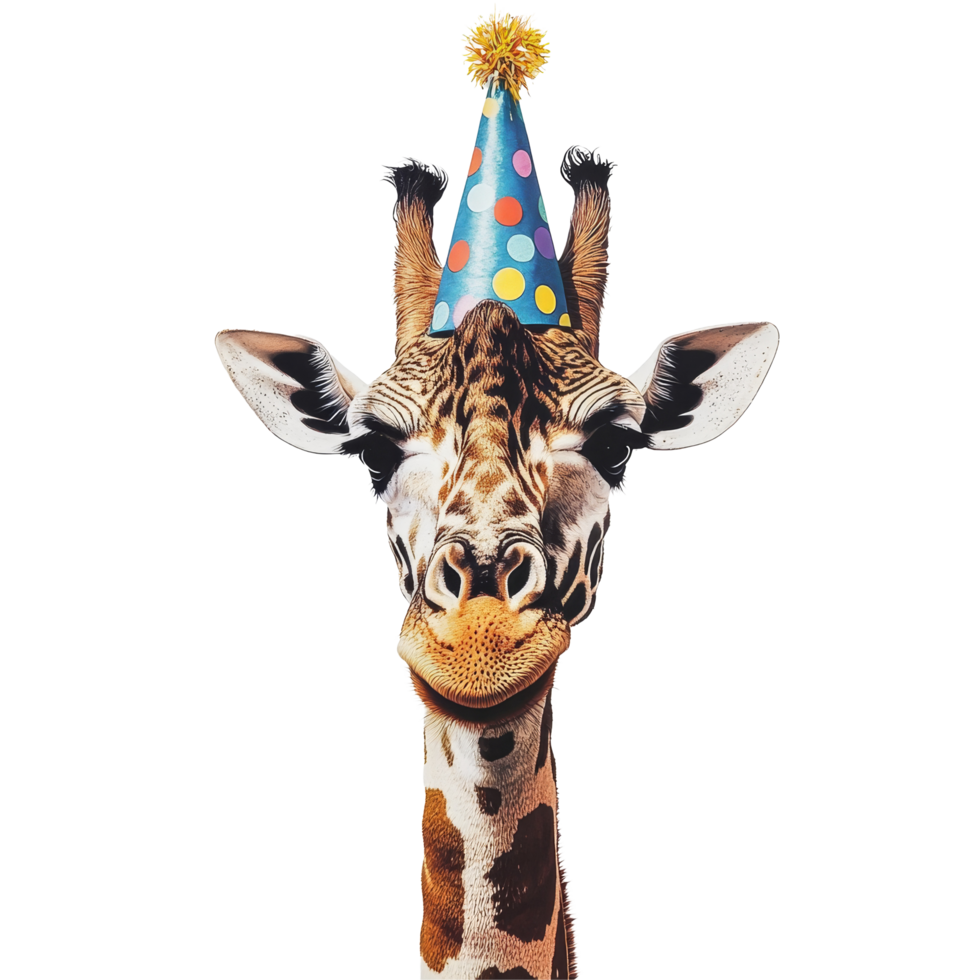 Giraffe celebrating with a colorful polka dot party hat against a clean transparent background, Giraffe with Polka Dot Party Hat on transparent background png