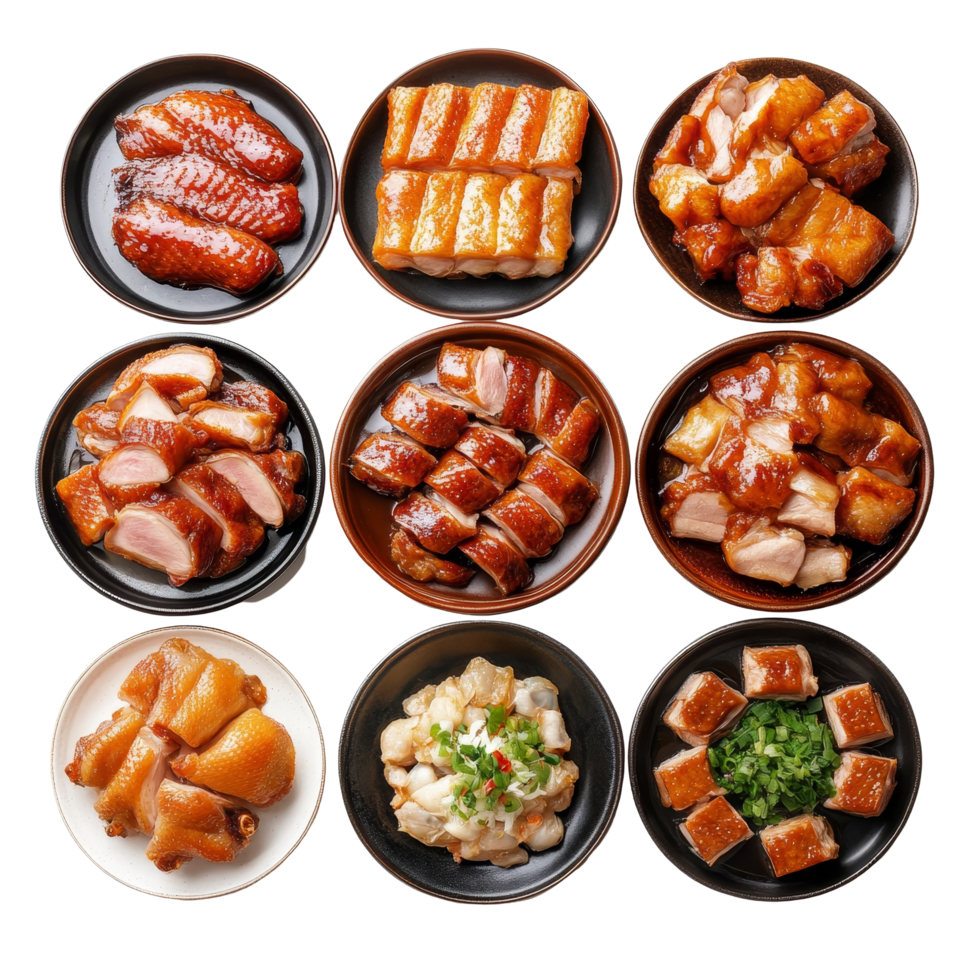 A vibrant top view of a delicious selection of Peking duck served with assorted side dishes arranged elegantly on black plates, top view delicious peking duck food plate on a transparent background png