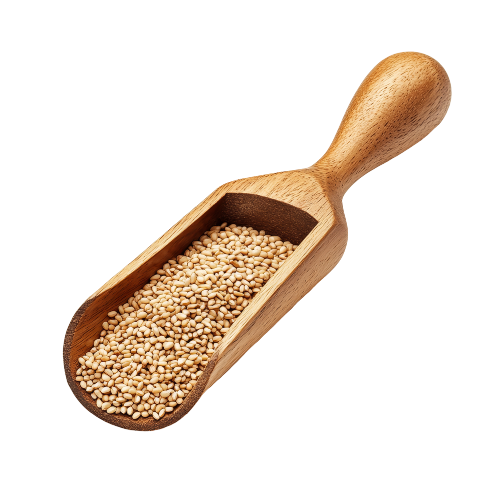 Fresh sesame seeds in a wooden scoop on a transparent background ready for culinary use or health applications, Sesame in wood scoop isolated on transparent background png