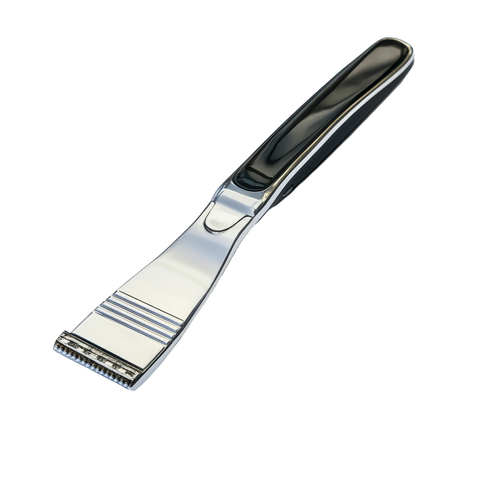 A stainless steel razor blade isolated on a clean transparent background for clarity and detailed examination purposes, razor blade isolated on a transparent background png