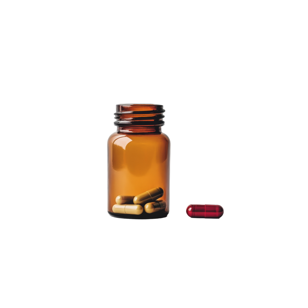 Amber bottle containing pills and capsules on a clean transparent background for health and wellness purposes, pill and bottle on transparent background png