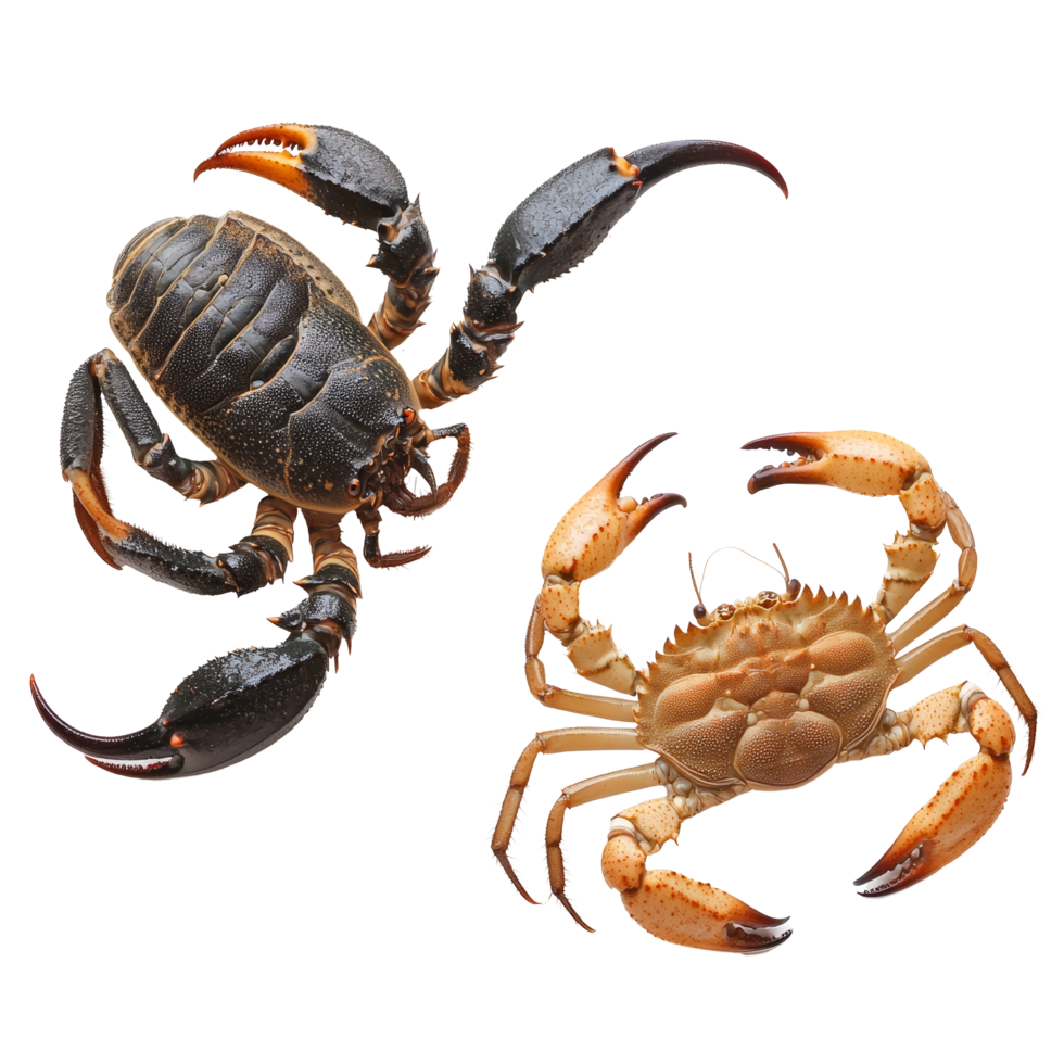 Scorpion and crab isolated on a transparent background highlighting different marine species in a natural environment, Scorpion and crab isolated on transparent background png