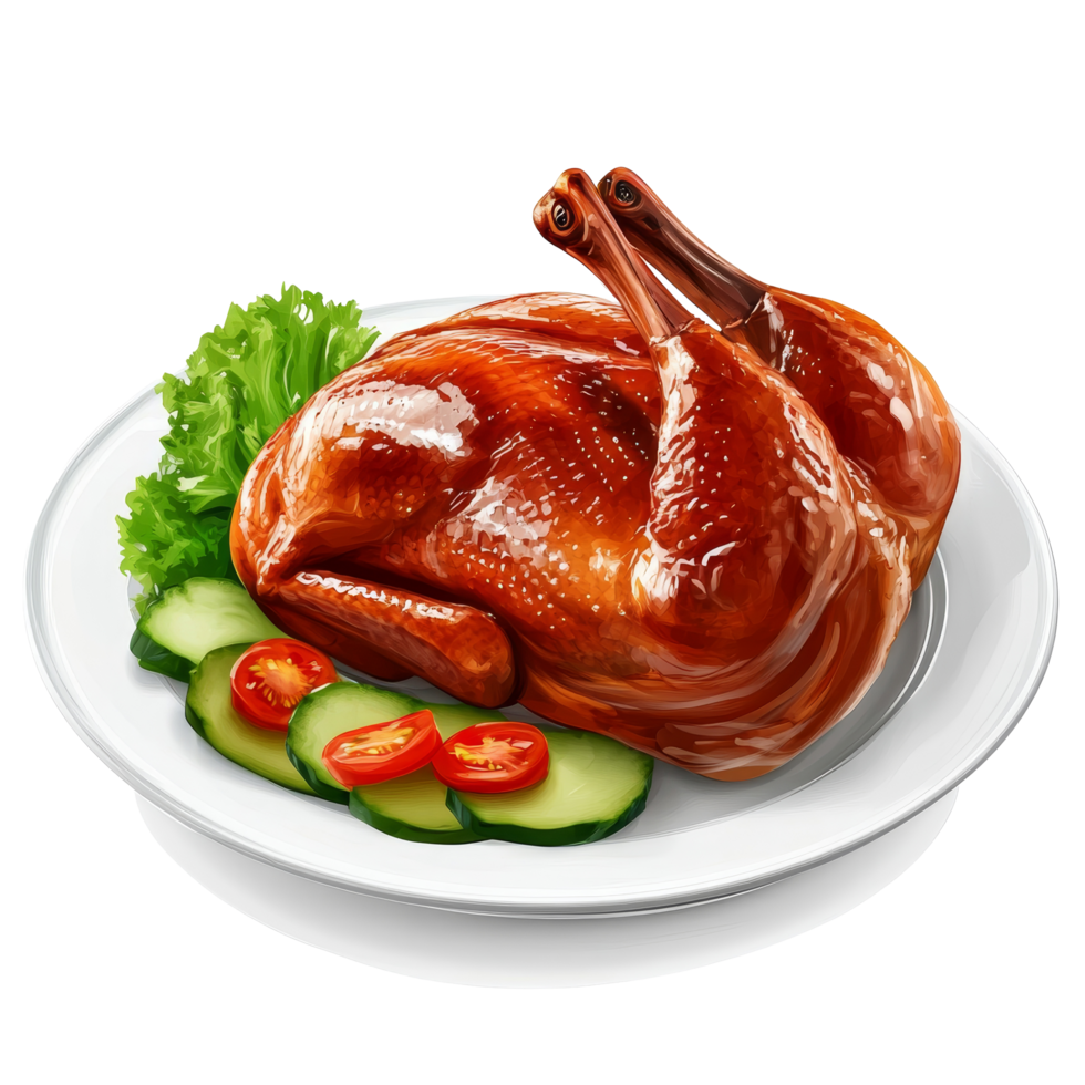 Delicious Peking duck served on a plate with fresh vegetables, highlighting traditional Chinese culinary excellence, Peking duck on plate isolated on transparent background png