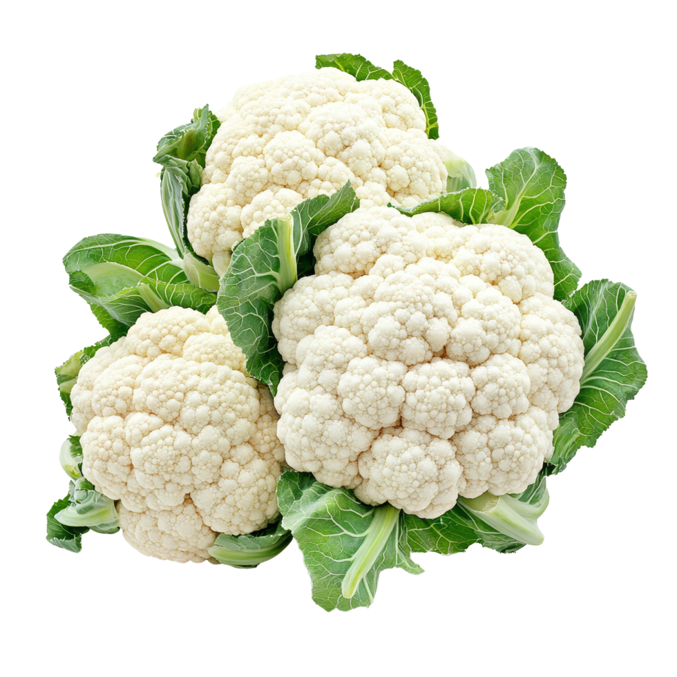 Fresh organic cauliflower bunches isolated on a clean transparent background ready for cooking or consumption, Fresh organic cauliflower vegetables isolated on a transparent background png