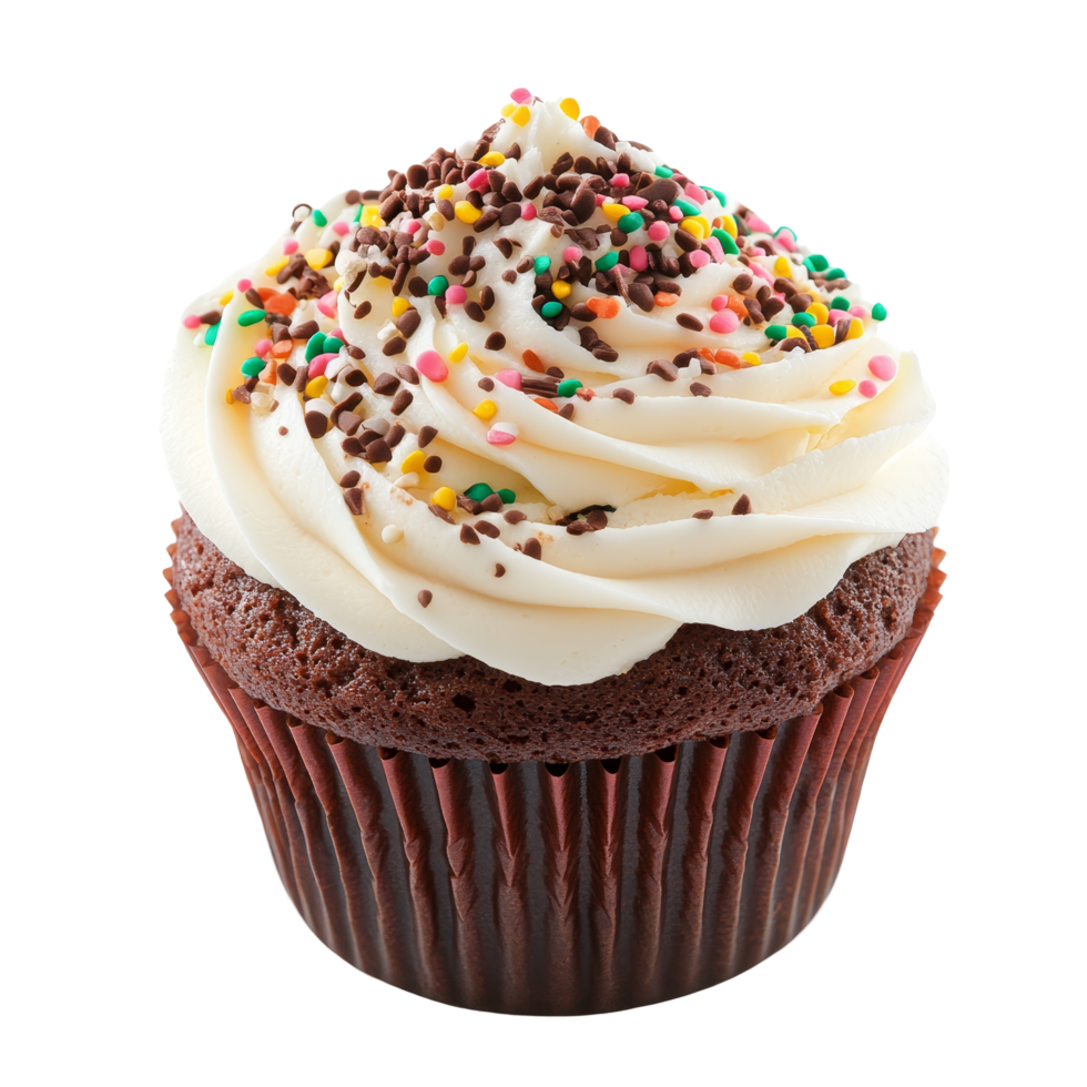 Delicious freshly baked cupcake topped with sprinkles, perfect for dessert on a bright transparent background, fresh cup cake isolated on transparent background png