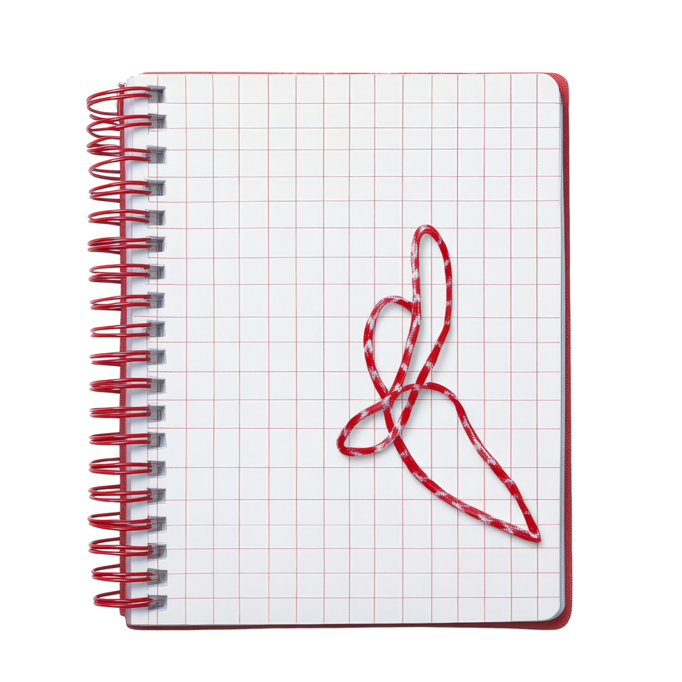 A red spiral notebook with grid lines open on a flat surface showcasing a ribbon design in the center, The notebook has grid lines with a looped spine on transparent backgroundfile png