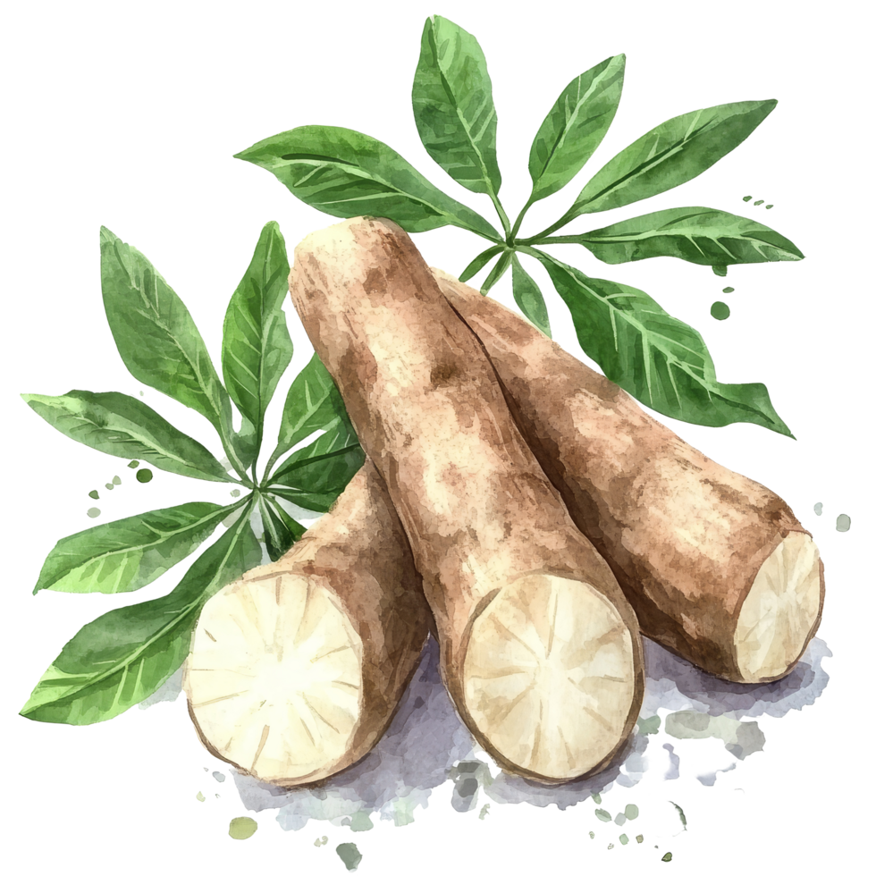 A beautiful watercolor illustration of fresh organic cassava roots and green leaves on a light background, fresh organic cassava with leaves transparent background png