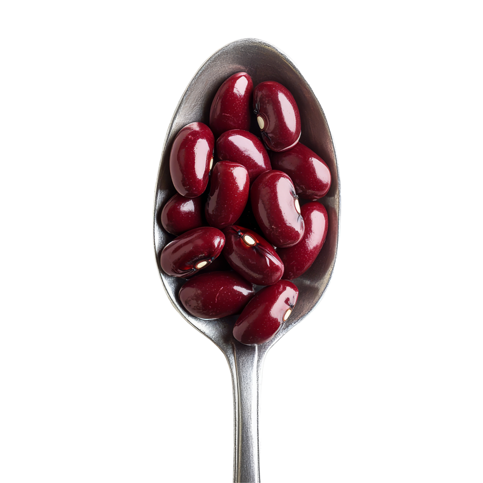 A closeup of shiny red beans resting in a metal spoon against a clean transparent background for culinary use, red beans in the spoon on transparent background png