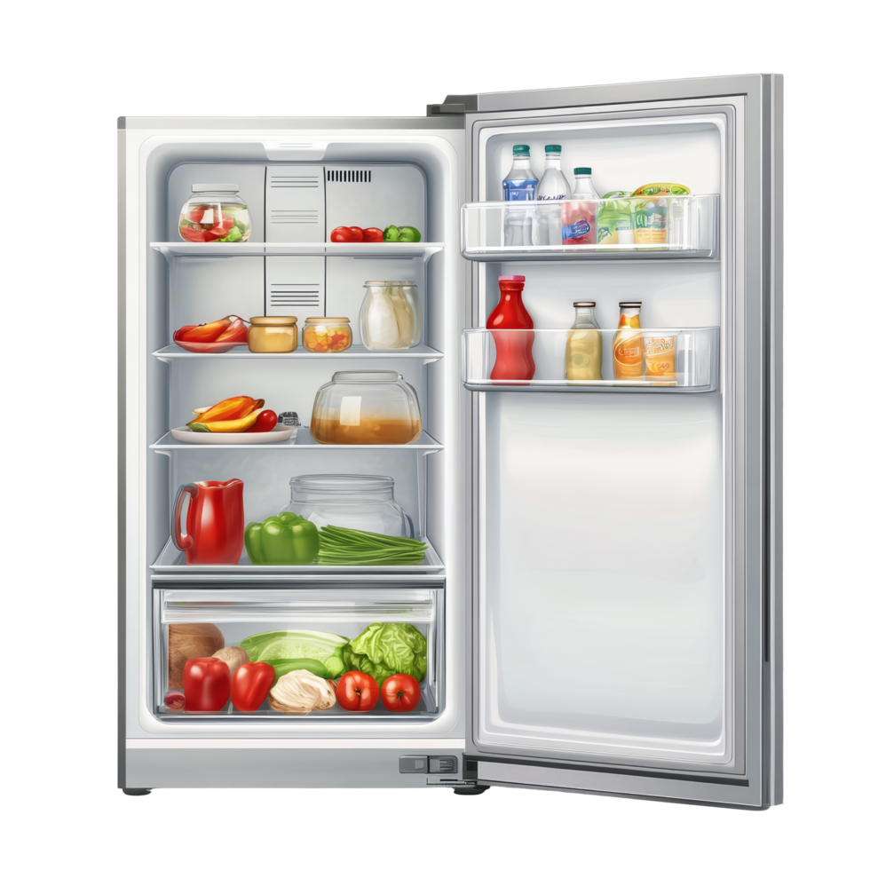 A wellorganized refrigerator filled with fresh groceries, containers, and beverages against a transparent background, Illustration of a dragon on transparent background png