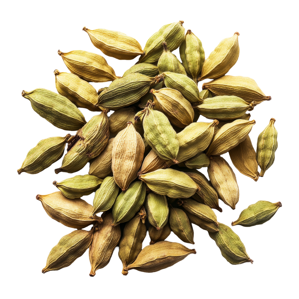 Cardamom pods piled on a transparent background showcasing their unique shapes and colors, Cardamom isolate on transparent background png