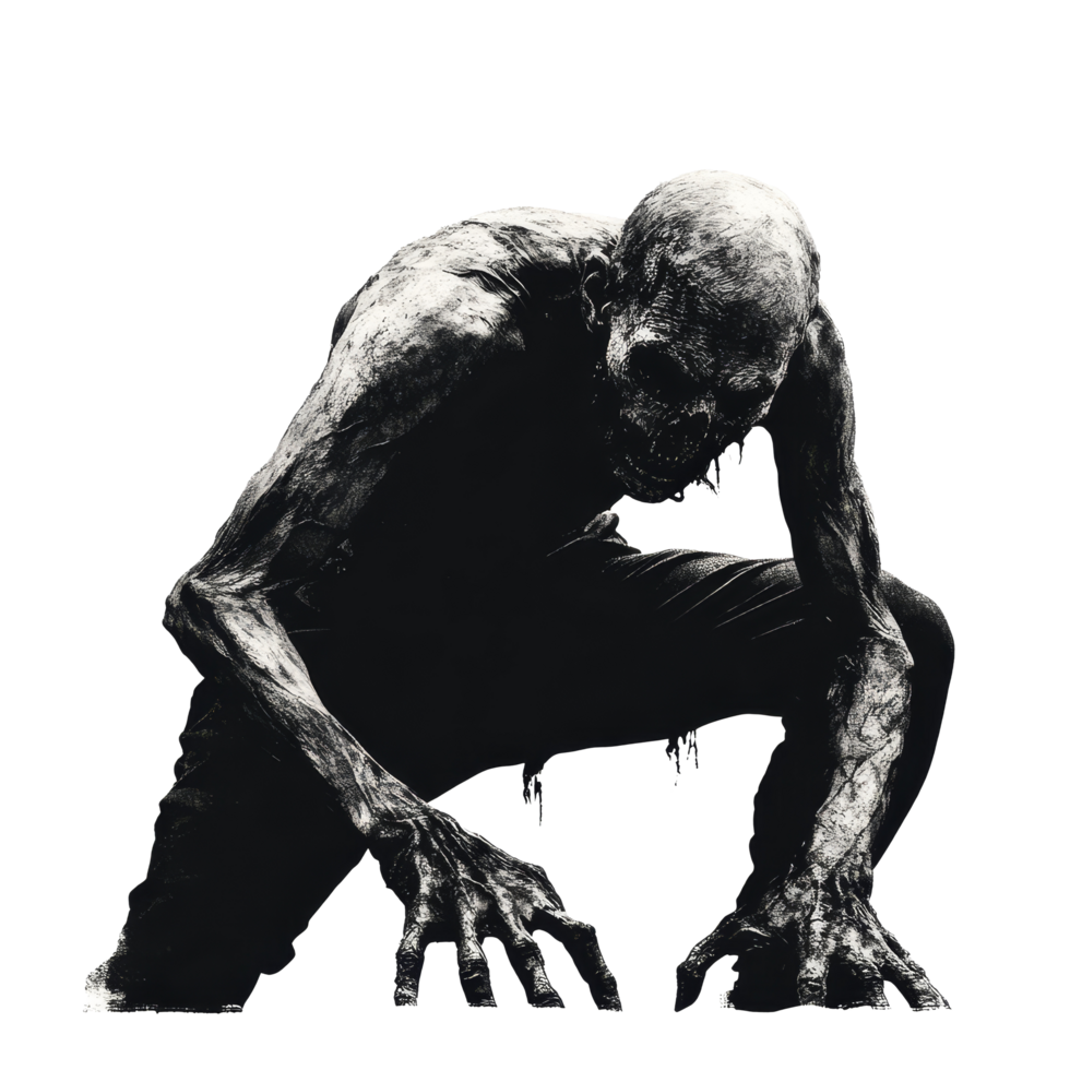 A crawling zombie with skeletal features on a stark transparent background showcasing eerie details and haunting posture, Crawling Zombie on transparent background png