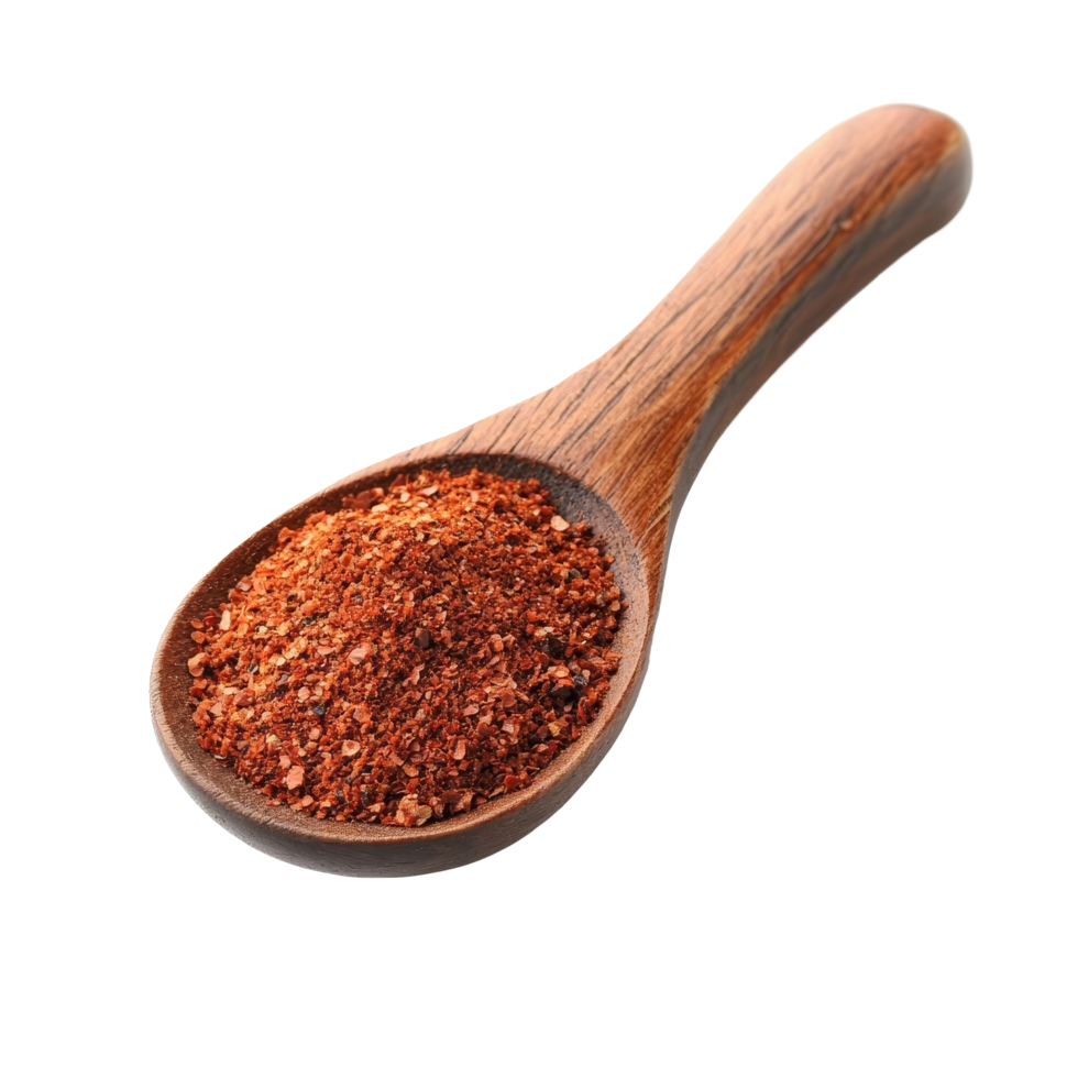 Chili powder in a wooden spoon isolated on a clean transparent background highlighting its vibrant red hues and texture, Chili powder in wood spoon isolated on transparent background png