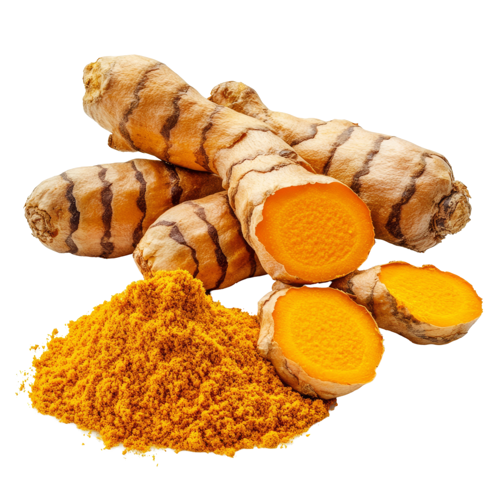 Fresh turmeric root and ground turmeric powder displayed on a transparent background showcasing vibrant colors and textures, Turmeric isolated on transparent background png