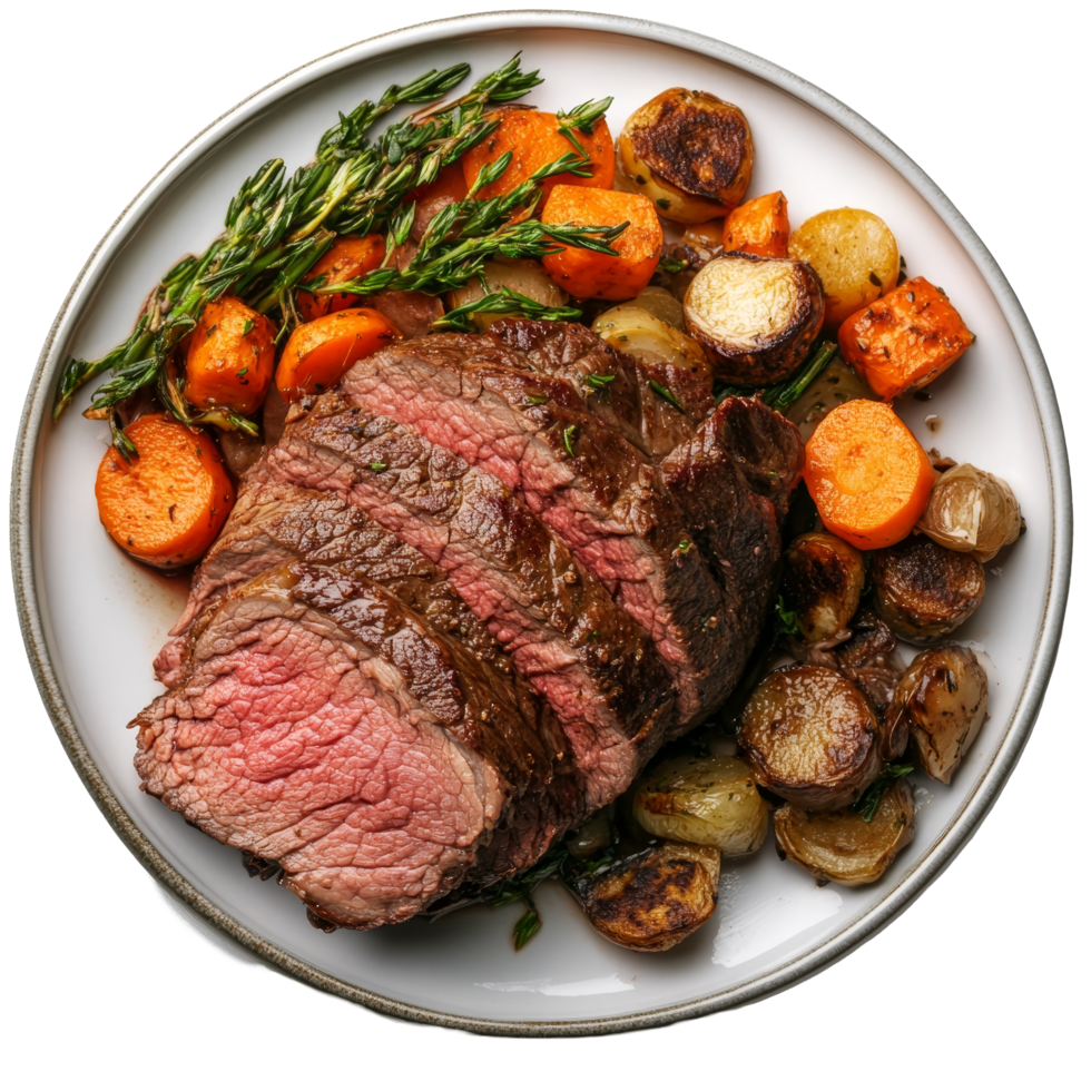 Delicious roast beef served with a variety of roasted vegetables on a transparent plate, Isolated plate of roast beef with vegetables png