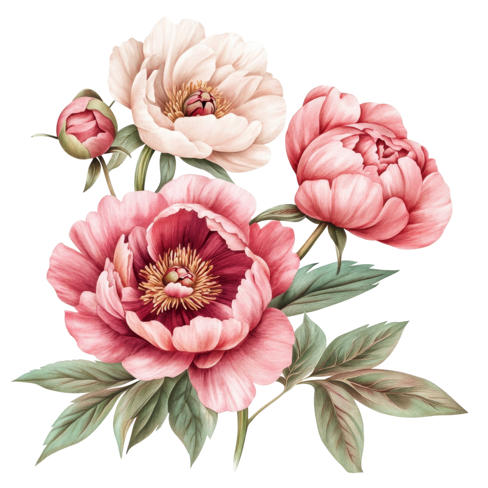 Beautiful arrangement of peony flowers in various shades on a clean transparent background for floral design inspiration, peonies flowers isolated on transparent background png