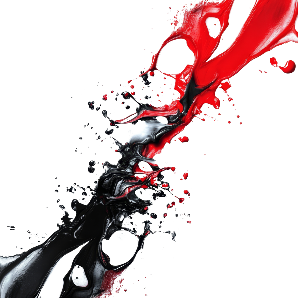 Dynamic black and red paint splashes create an abstract pattern on a transparent background, Dynamic Black and Red Paint Splashes on transparent background png