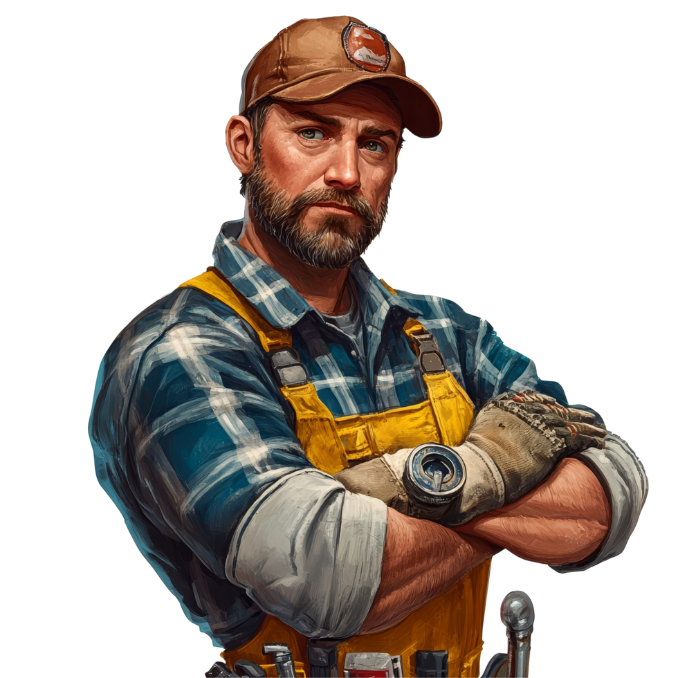 Online plumber and repairman ready for service with tools in hand and confidence on display, Professional service online plumber and repairman png