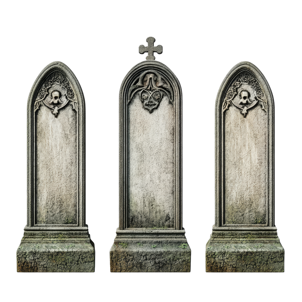 Detailed tombstones on a transparent background highlighting intricate designs and isolated objects for artistic purposes, tombstones, file of isolated object on transparent background png