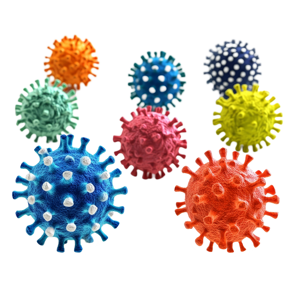 colorato virus patogeno Modelli su un' trasparente sfondo in mostra vario forme e taglie, 3d virus patogeno Modelli su trasparente sfondo png