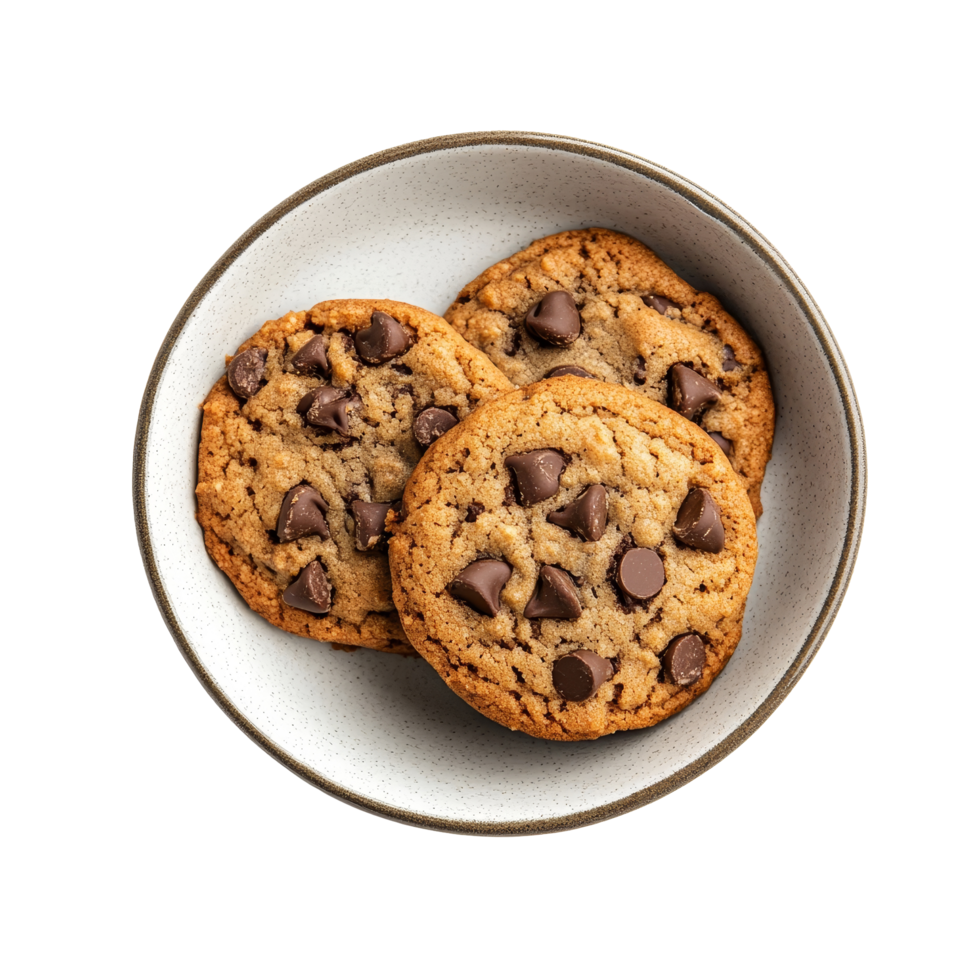 Delicious chocolate chip cookies served on a simple plate against a clean transparent surface for a tempting dessert display, Chocolate chip cookie in a plate isolated on transparent background png