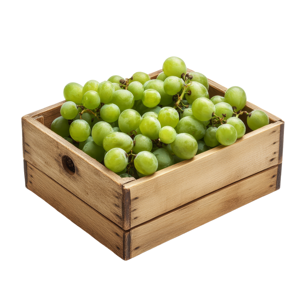 A rustic wooden box filled with fresh green grapes isolated on a clean transparent background, wooden box of green grapesisolated on transparent background png