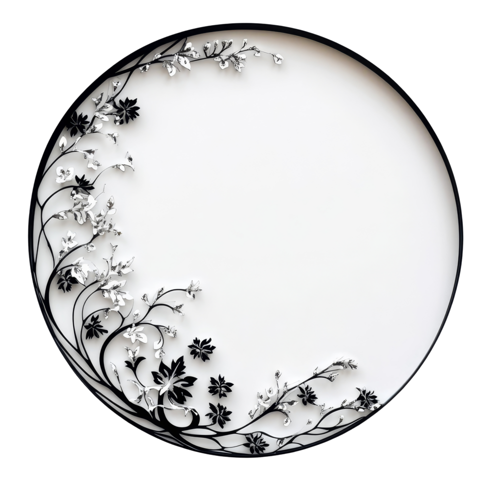 Elegant circular frame with intricate floral design on a clean transparent background, showcasing artful craftsmanship and creativity, circular frame on transparent background png