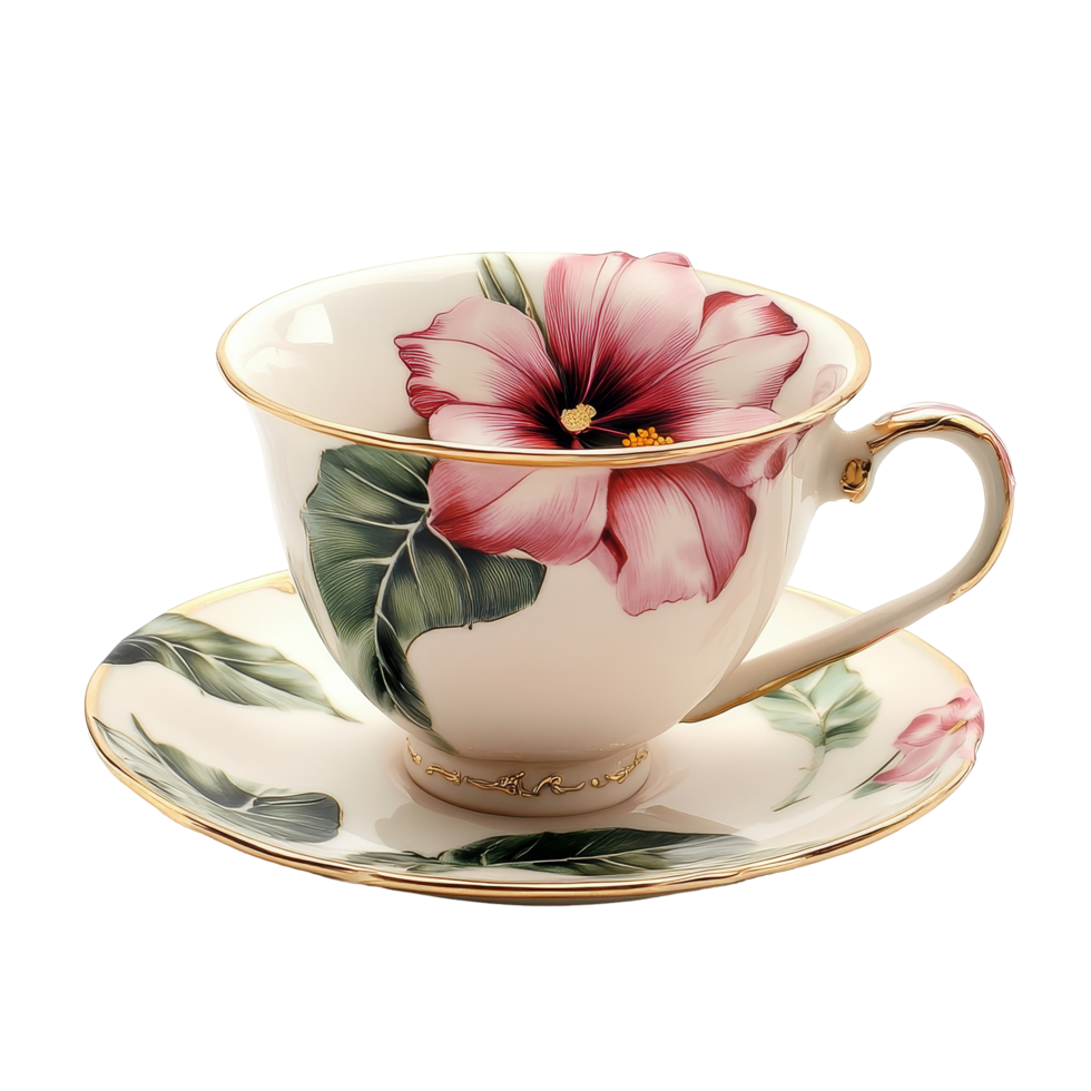 Delicate flower teacup resting elegantly on a matching saucer against a clean transparent backdrop, Flower tea cup on a transparent background png