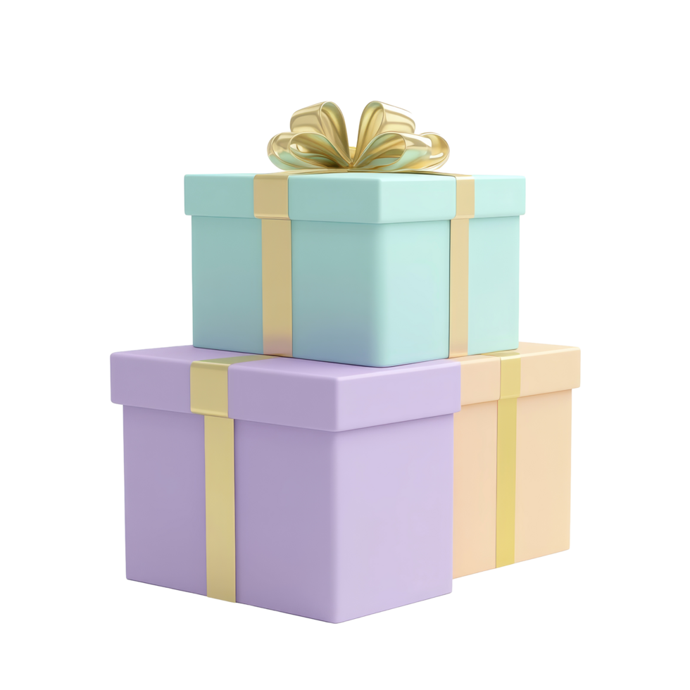Delicate pastel gift boxes stacked together on a clean transparent background, 3 Gift boxes 3d render pastel color isolated on transparent background png