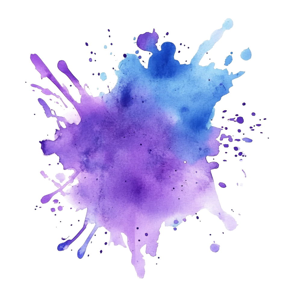 A vibrant purple and blue watercolor splash creating a stunning visual on a clean transparent background, purple blue splash isolated on transparent background png