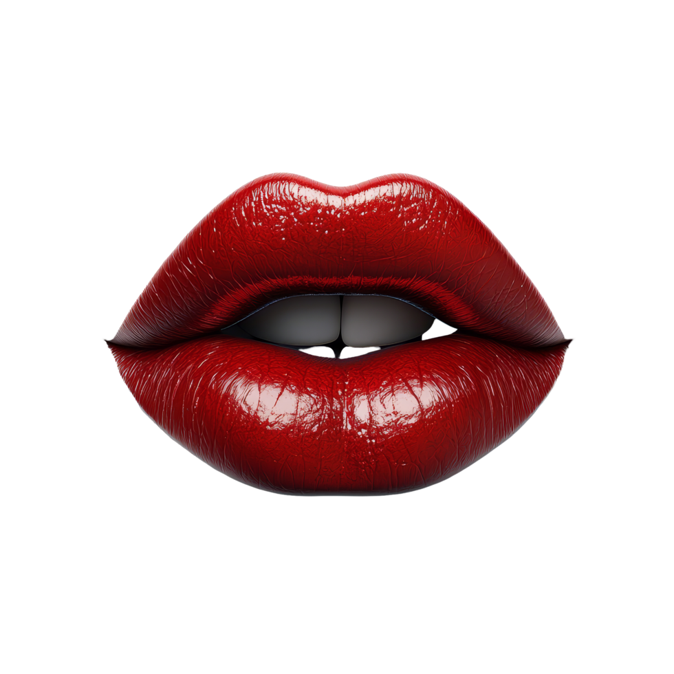 A closeup of womans lips with glossy red lipstick making a kiss gesture against a transparent background, Womans lips with red lipstick and kiss gesture, 3D render isolated on transparent background png