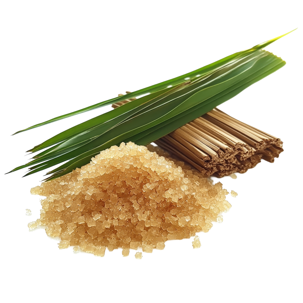 Palm sugar granules on a transparent background with green leaves and bamboo stalks for natural sweetness, palm sugar on transparent background png