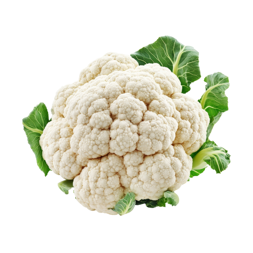 Fresh cauliflower with green leaves displayed on a transparent background showcasing its texture and natural color, Cauliflower on transparent background png