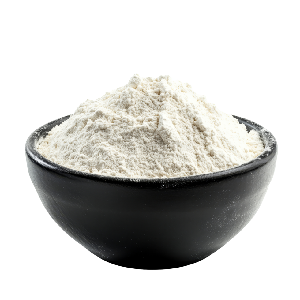 Black bowl filled with flour isolated on a transparent background for culinary purposes, Pile of flour in black bowl isolated on transparent background png