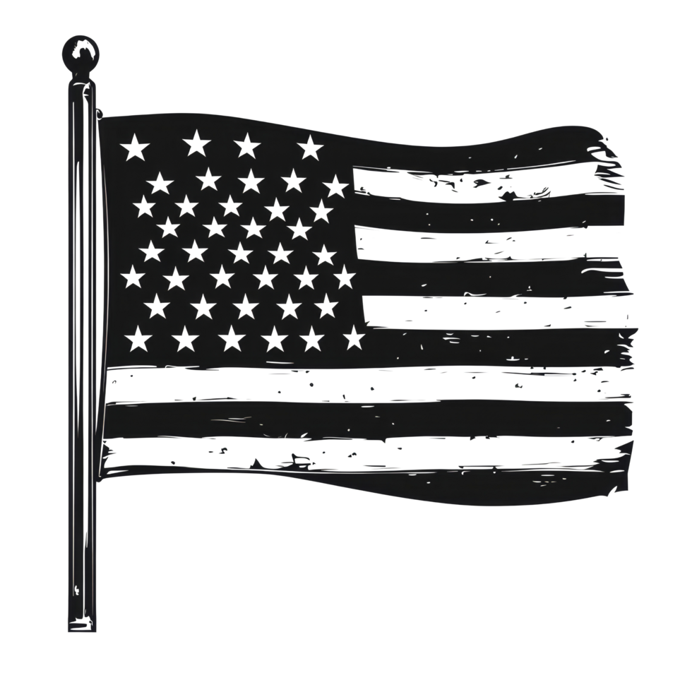 Black American flag with distressed design set against a transparent backdrop for digital use, black American flag on transparent background png
