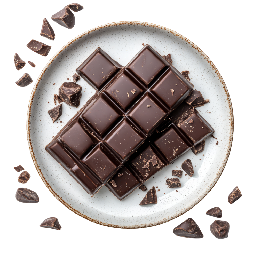 A delicious assortment of chocolate bars arranged on a simple plate against a clean transparent background showcasing rich, dark chocolate, chocolate bar in a plate isolated on transparent background png