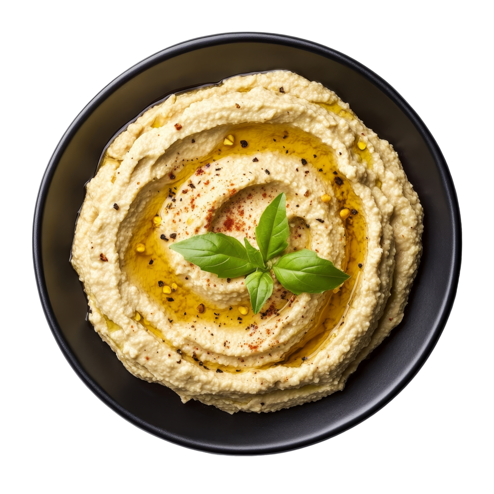 Delicious hummus served on a black plate with olive oil and herbs, isolated on a transparent background, Hummus on black plate, top view, isolated transparent background png