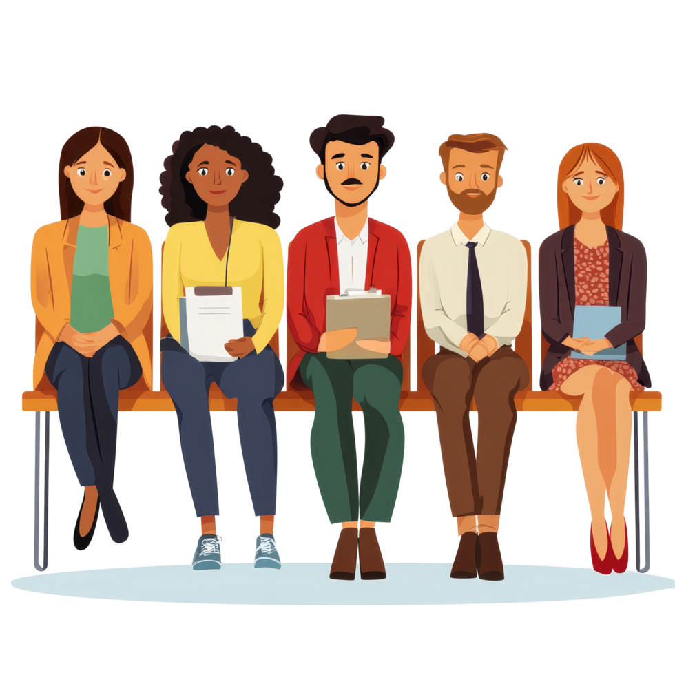 A diverse group of individuals patiently waiting for a job interview in a modern setting, file no background Diverse people waiting for a job interview png